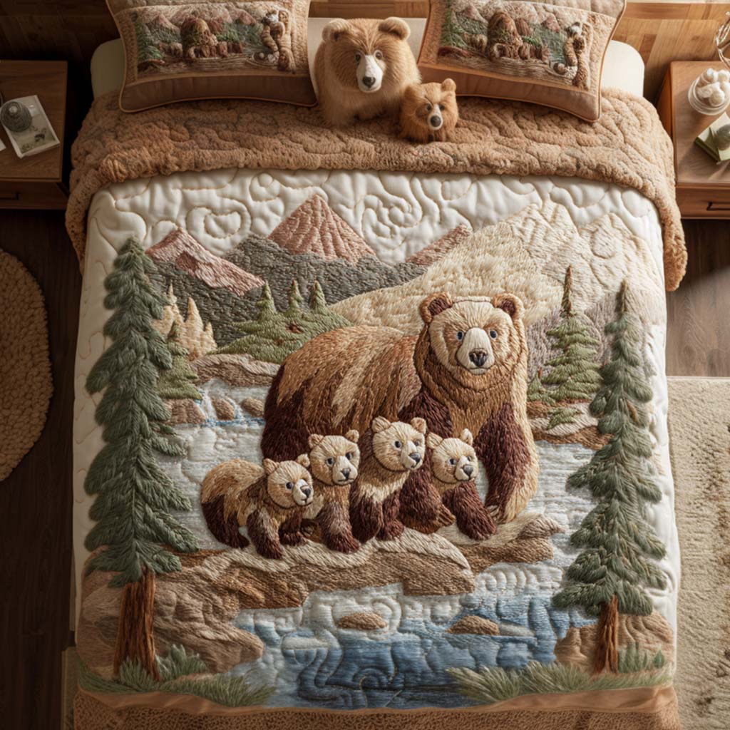 River Cubs Quilted Bedding Set Duvet Cover Bed Sheet Set Bear Gifts For Mom Mother's Day