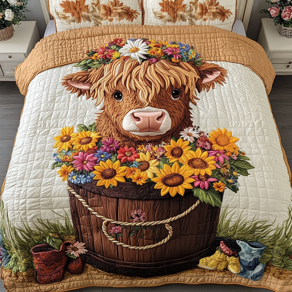 Rolling Hills Quilted Bedding Set Duvet Cover Bedspread Highland Cow Gifts For Her Rolling Hills Quilted Bedding Set Duvet Cover Bedspread Highland Cow Gifts For Her