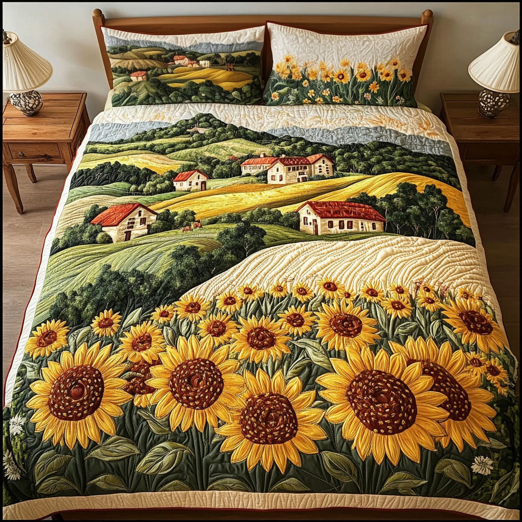 Rolling Sunflower Hills Quilted Bedding Set Duvet Cover Bedspread Gifts For Sunflower Lovers Rolling Sunflower Hills Quilted Bedding Set Duvet Cover Bedspread Gifts For Sunflower Lovers