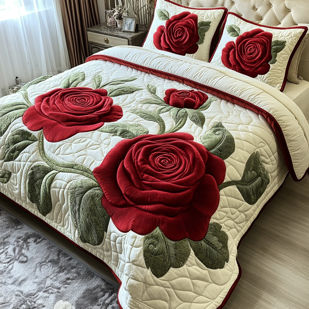 Romantic Rose Quilted Bedding Set Duvet Cover Bed Sheet Set Roses Flower Present Ideas Romantic Rose Quilted Bedding Set Duvet Cover Bed Sheet Set Roses Flower Present Ideas