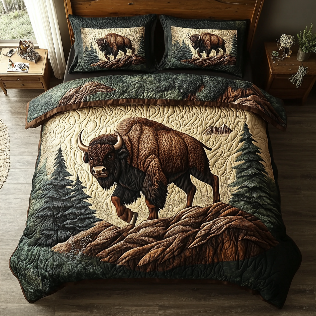 Rugged Spirit Quilted Bedding Set Duvet Cover Bedspread Gifts For Bison Lovers