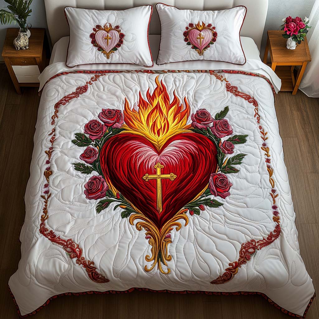 Sacred Heartfire Quilted Bedding Set Duvet Cover Merch Faith Filled Gifts