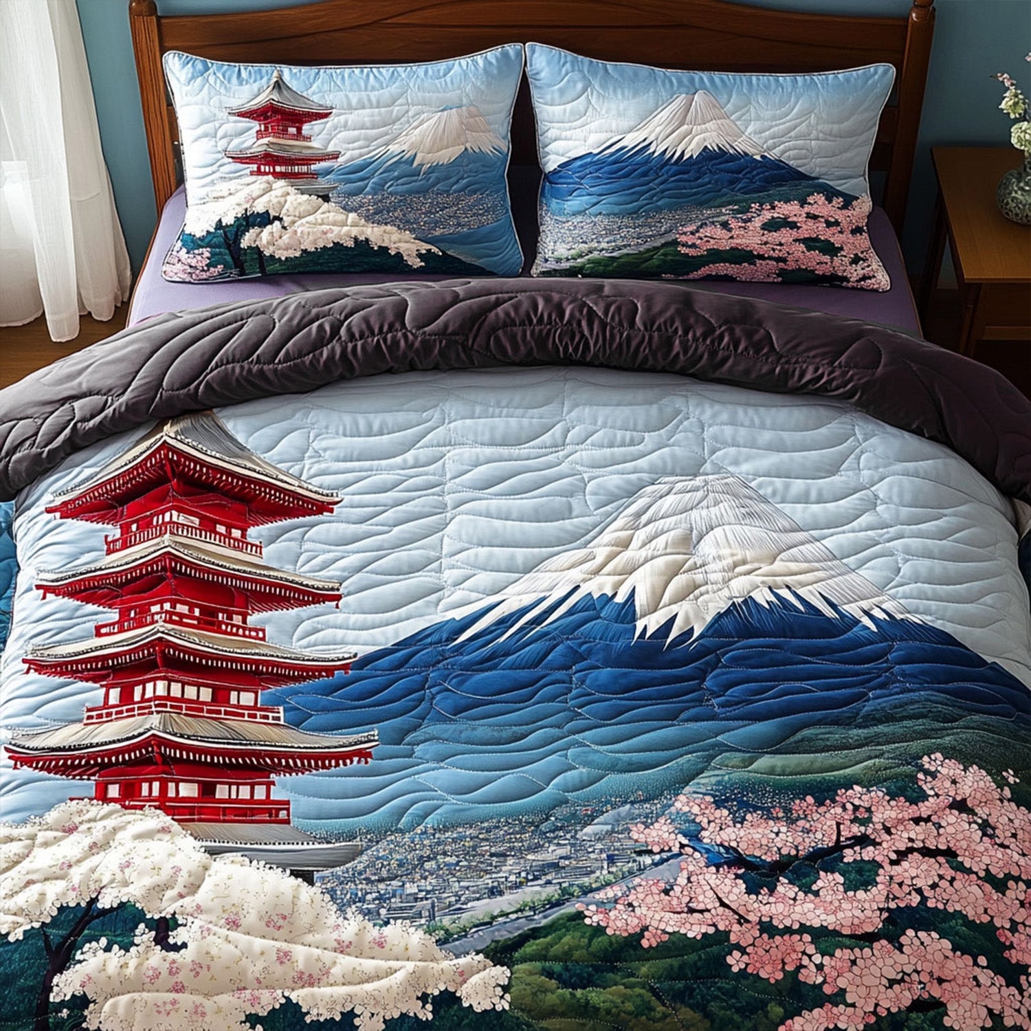 Sacred Mountain View Quilted Bedding Set Duvet Cover Bed Sheet Set Fuji Mountain Japanese Gifts Sacred Mountain View Quilted Bedding Set Duvet Cover Bed Sheet Set Fuji Mountain Japanese Gifts