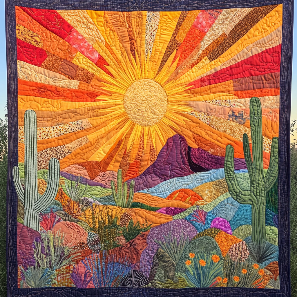 Saguaro Sunset Quilted Blanket Cute Colorful Blanket Succulent Gift For Him Her