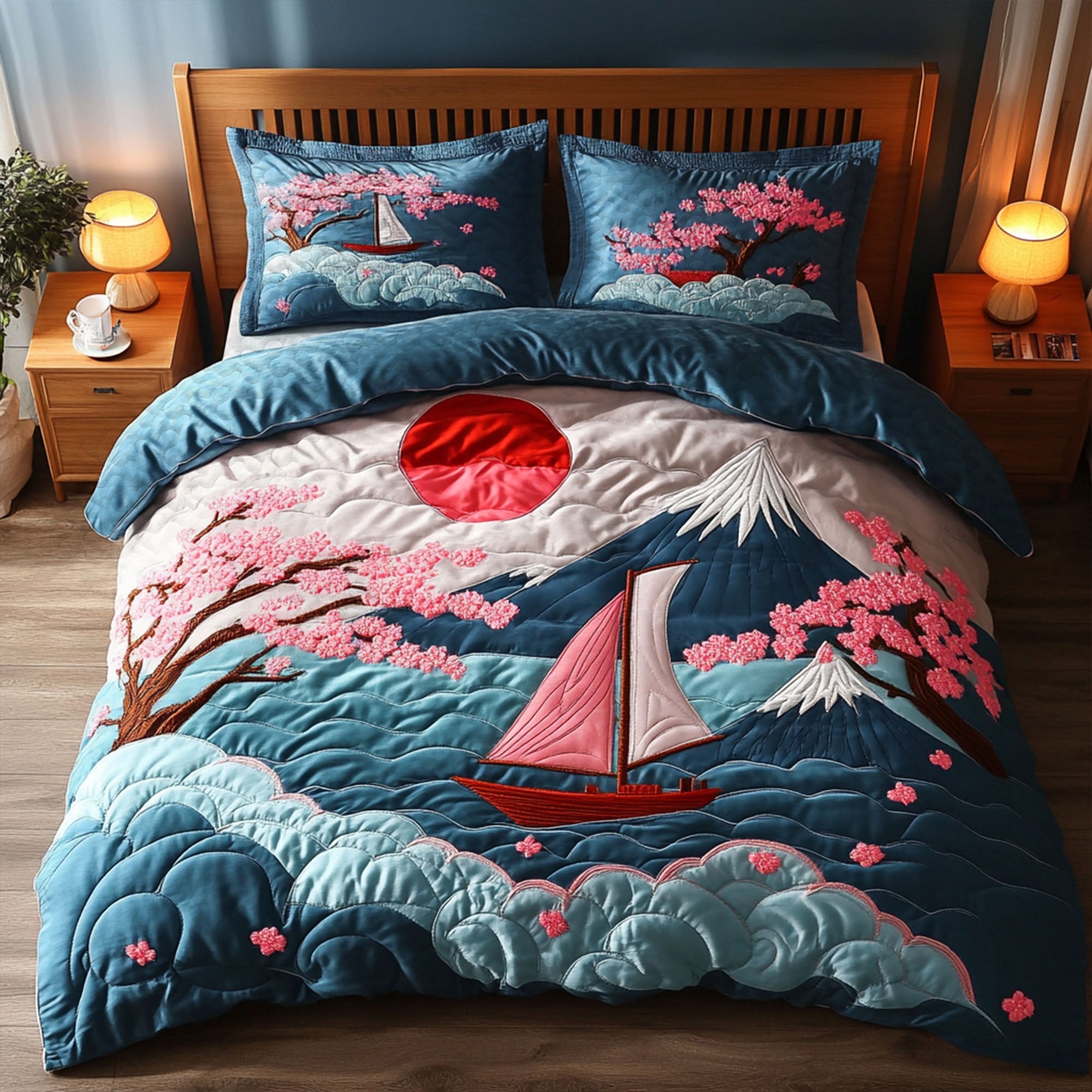 Sakura Waters Quilted Bedding Set Duvet Cover Bed Sheet Set Sailing Boat Gifts