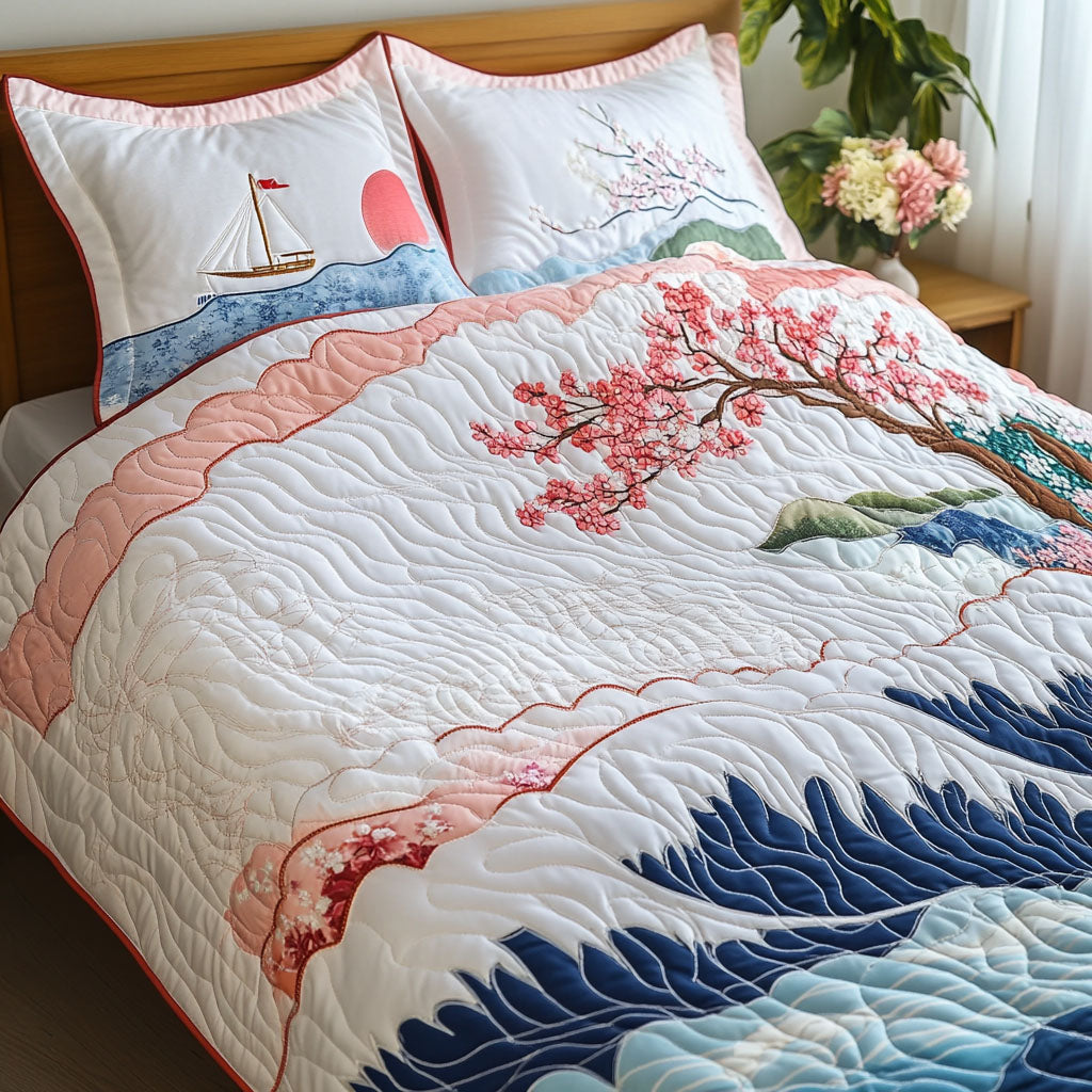 Sakura Waves Quilted Bedding Set Duvet Cover Bed Sheet Set Best Gift For A Sailboat Owner Sakura Waves Quilted Bedding Set Duvet Cover Bed Sheet Set Best Gift For A Sailboat Owner