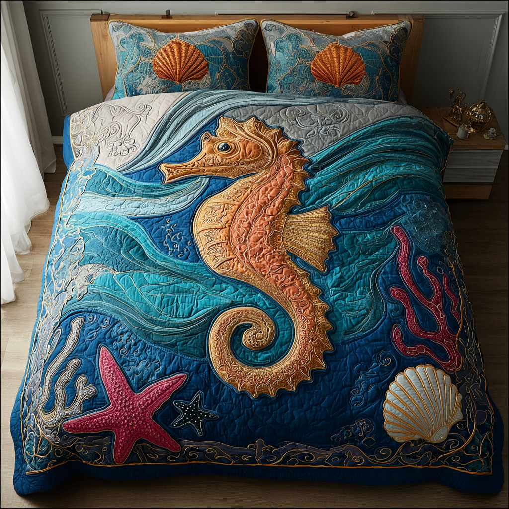 Sea Horse Horizon Quilted Bedding Set Duvet Cover Bed Sheet Set Gifts For Horse Back Riders Sea Horse Horizon Quilted Bedding Set Duvet Cover Bed Sheet Set Gifts For Horse Back Riders