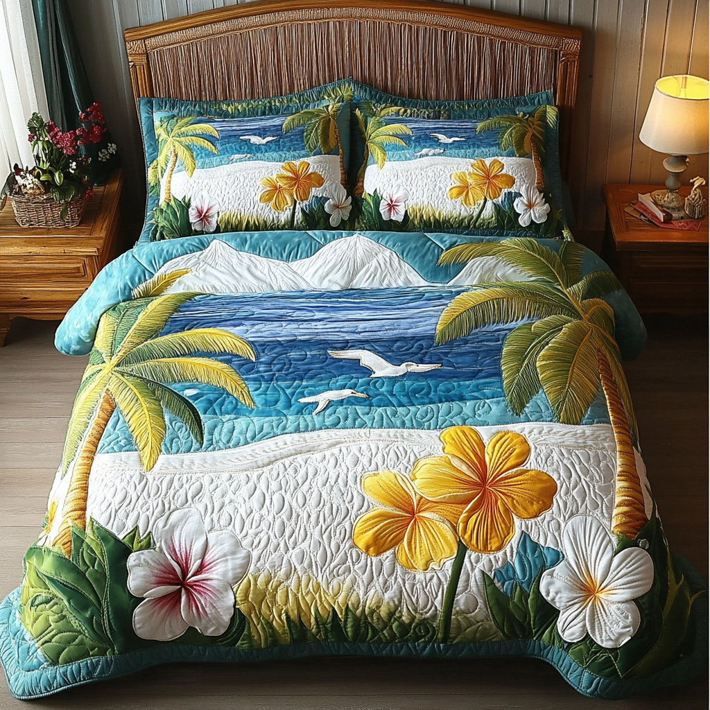 Seaside Bloom Quilted Bedding Set Duvet Cover Merch Best Gifts For The Beach Lover