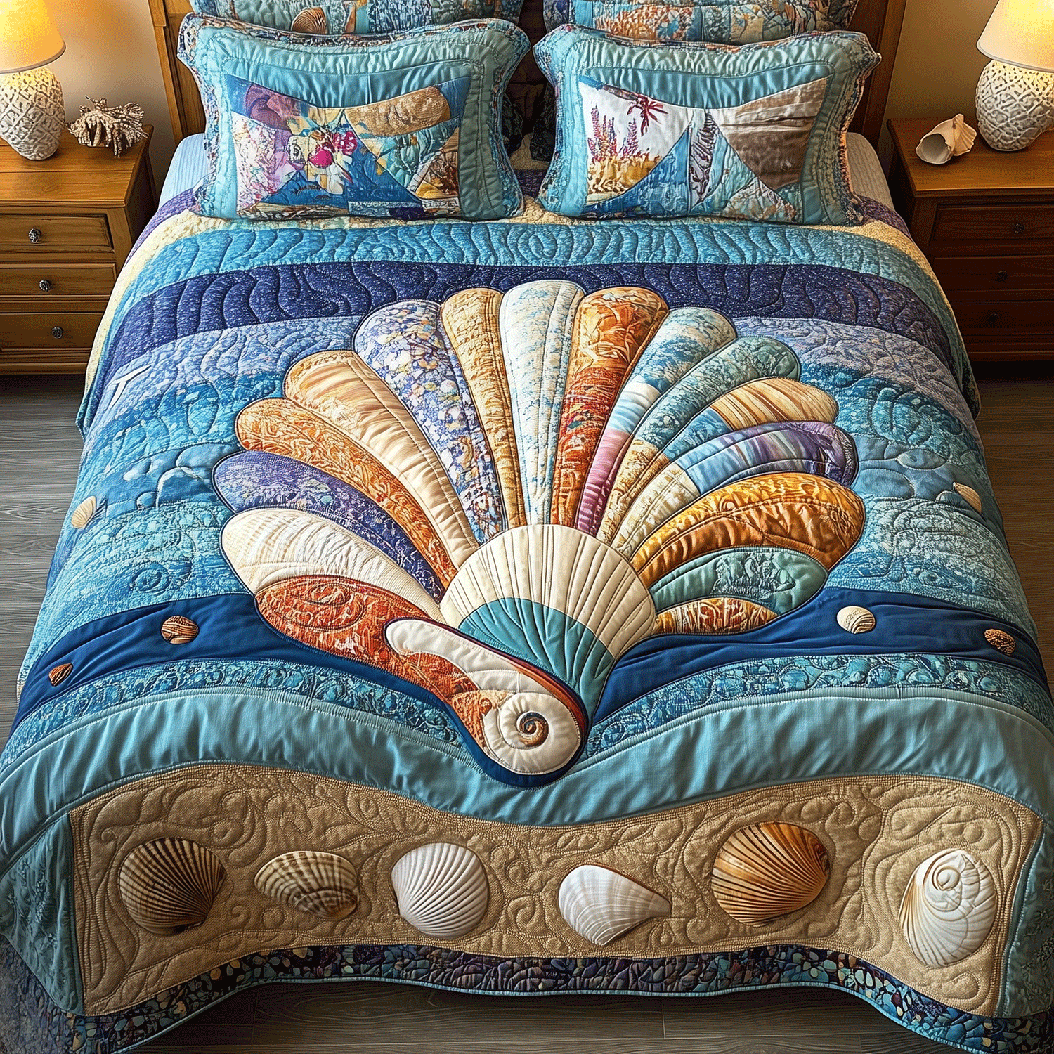 Seaside Shell Quilted Bedding Set Duvet Cover Bedspread Beach Gifts For Women