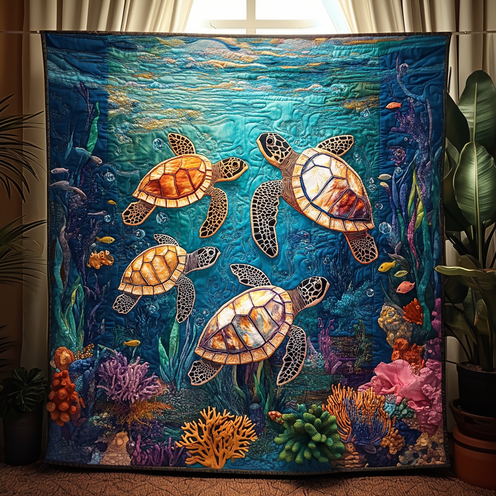 Serene Shells Quilted Blanket Cute Colorful Blanket Gift For Turtle Lover Christmas