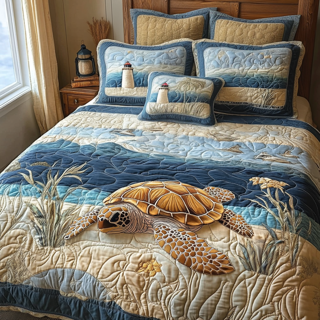 Serene Shores Quilted Bedding Set Duvet Cover Bed Sheet Set Cute Turtle Lover Gift Ideas