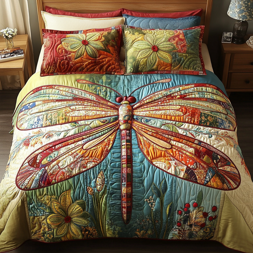 Serene Soar Quilted Bedding Set Duvet Cover Bed Sheet Set Dragonfly Butterfly Presents