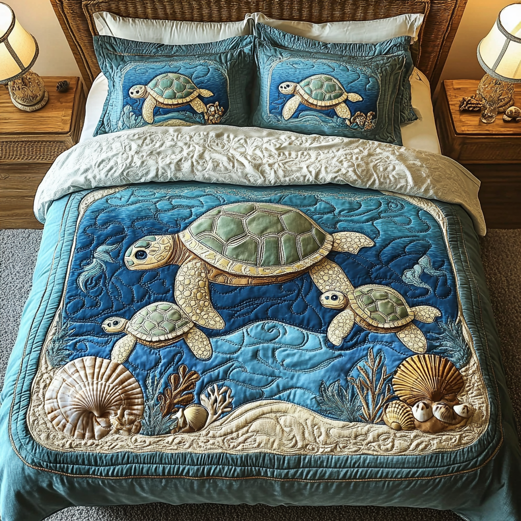 Serene Turtle Quilted Bedding Set Duvet Cover Bed Sheet Set Gifts For Sea Turtle Lovers Serene Turtle Quilted Bedding Set Duvet Cover Bed Sheet Set Gifts For Sea Turtle Lovers