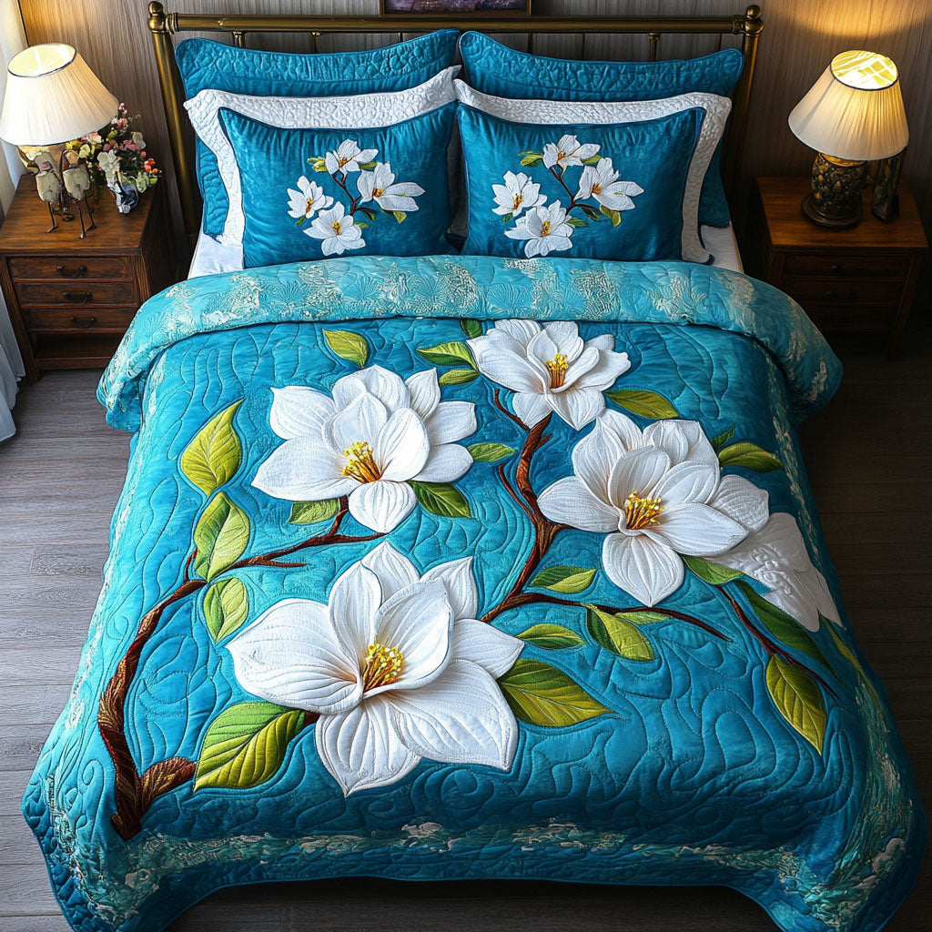 Serenity Blue Quilted Bedding Set Duvet Cover Bed Sheet Set Magnolia Gifts For Flower Lovers
