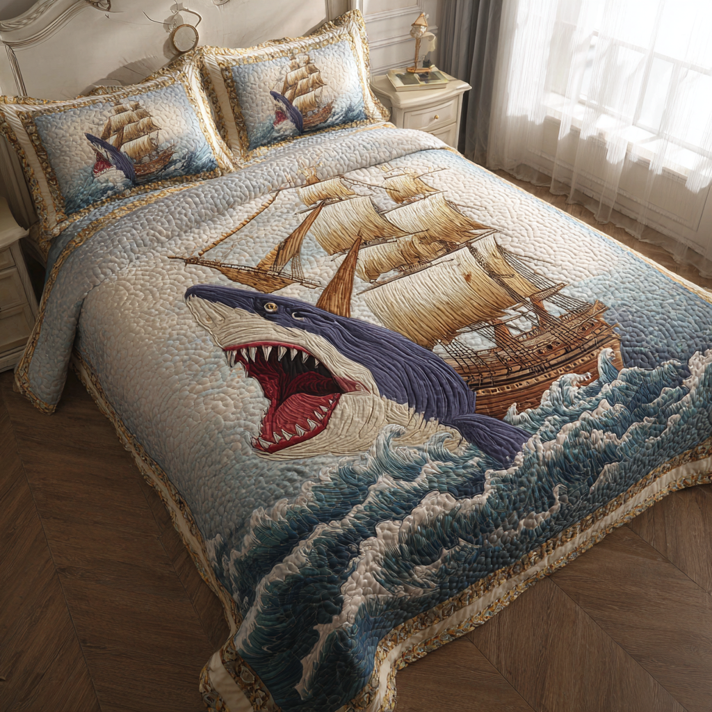 Shark Horizon Quilted Bedding Set Duvet Cover Merch Good Gifts For Beach Lovers Shark Horizon Quilted Bedding Set Duvet Cover Merch Good Gifts For Beach Lovers