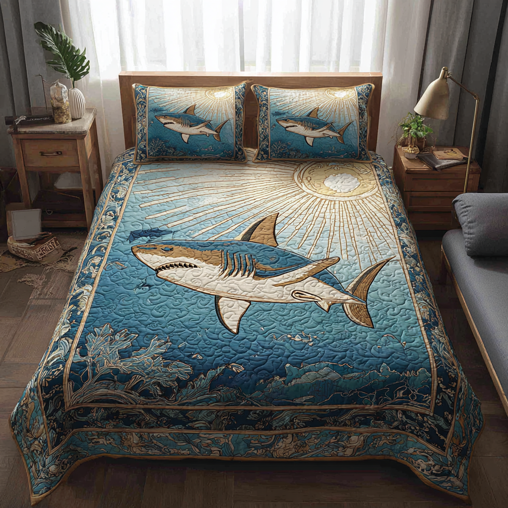 Shark Power Quilted Bedding Set Duvet Cover Merch Great Gifts For Beach Lovers Shark Power Quilted Bedding Set Duvet Cover Merch Great Gifts For Beach Lovers
