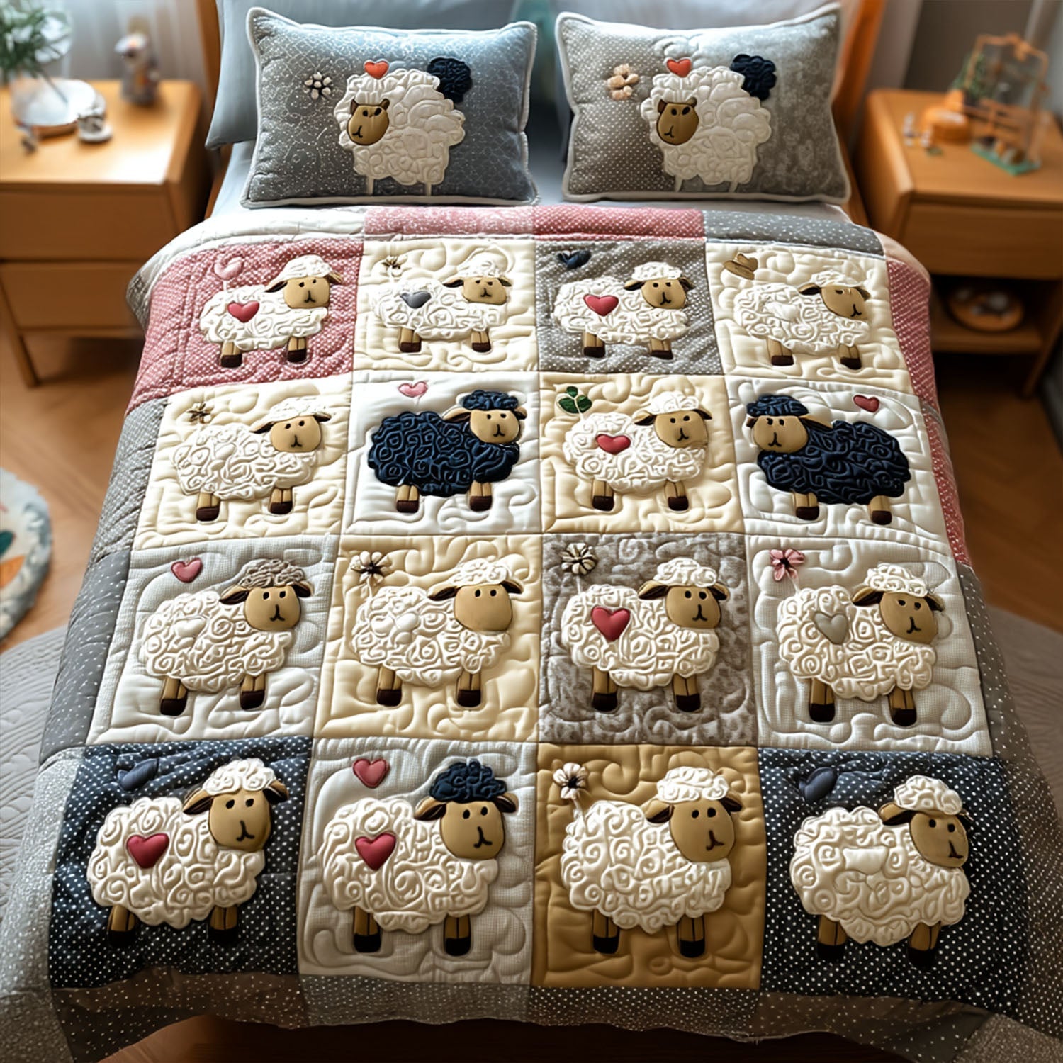 Sheep in Bloom Quilted Bedding Set Duvet Cover Bed Sheet Set Sheep Related Gifts Items Sheep in Bloom Quilted Bedding Set Duvet Cover Bed Sheet Set Sheep Related Gifts Items