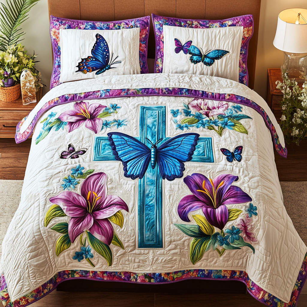 Simple Cross Quilted Bedding Set Duvet Cover Merch Faith Inspired Gifts Christian