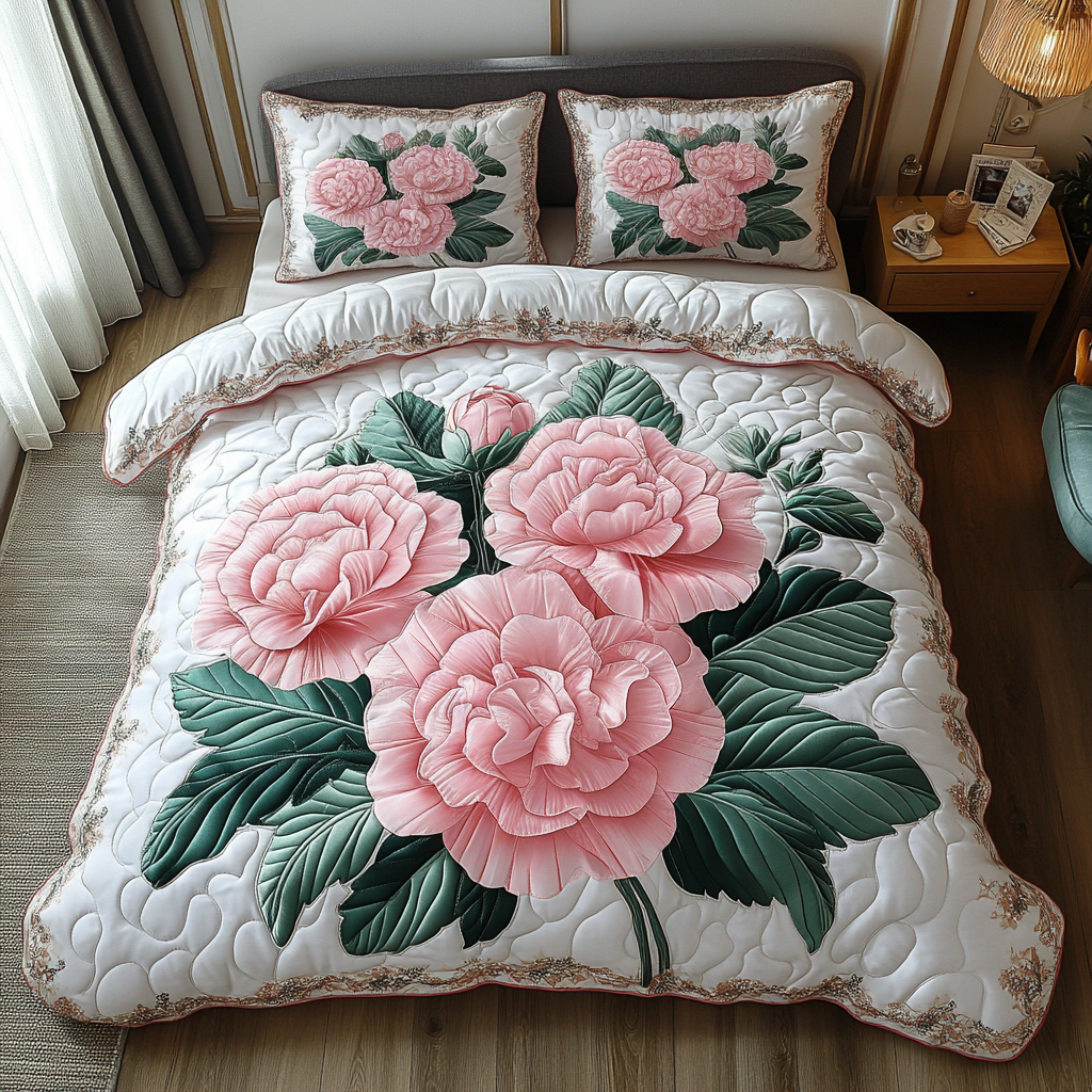 Soft Bloom Quilted Bedding Set Duvet Cover Bedspread Flower Present Ideas