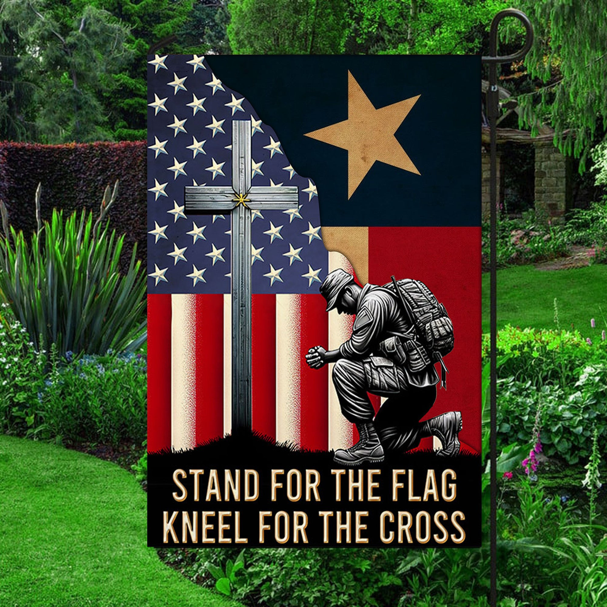 Soldier Texas And American Flag Stand For The Flag Kneel For The Cross Merch Patriotic Gifts