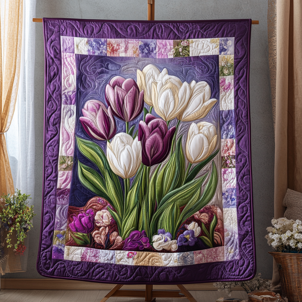 Springtime Comfort Quilted Blanket Cute Colorful Blanket Tulip Gifts For Her Springtime Comfort Quilted Blanket Cute Colorful Blanket Tulip Gifts For Her