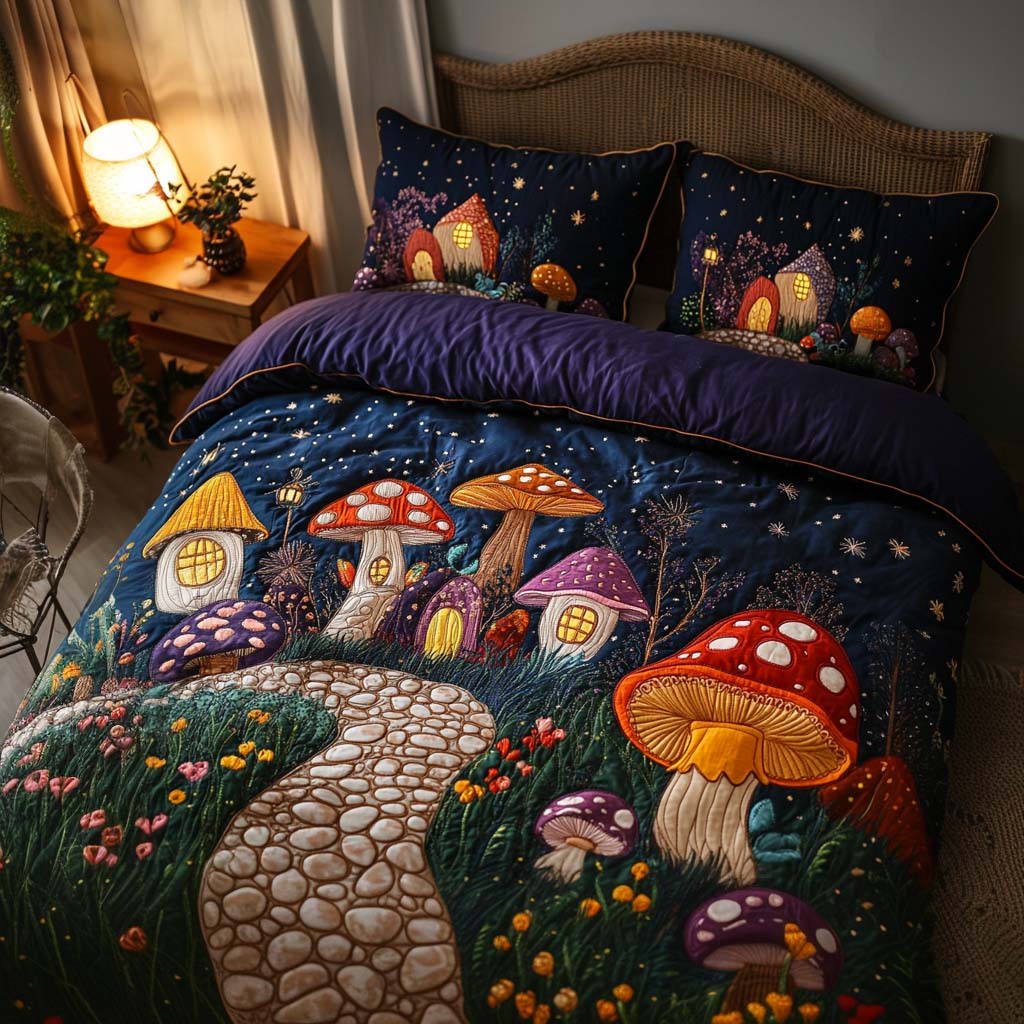 Starry Mushroom Trail Quilted Bedding Set Duvet Cover Bed Sheet Set Gifts For Mushroom Growers Starry Mushroom Trail Quilted Bedding Set Duvet Cover Bed Sheet Set Gifts For Mushroom Growers