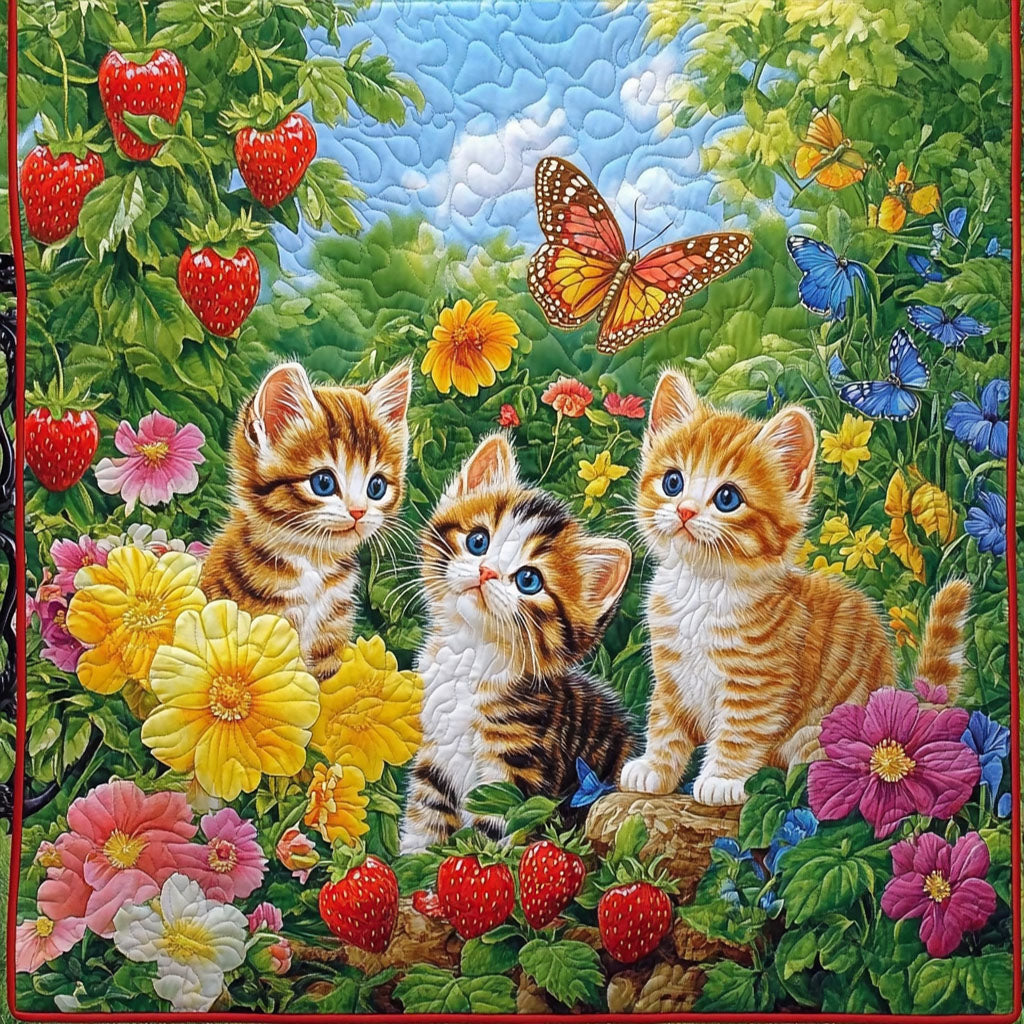 Strawberry Curiosity Quilted Blanket Cute Throw Blanket Cat Dad Birthday Gifts