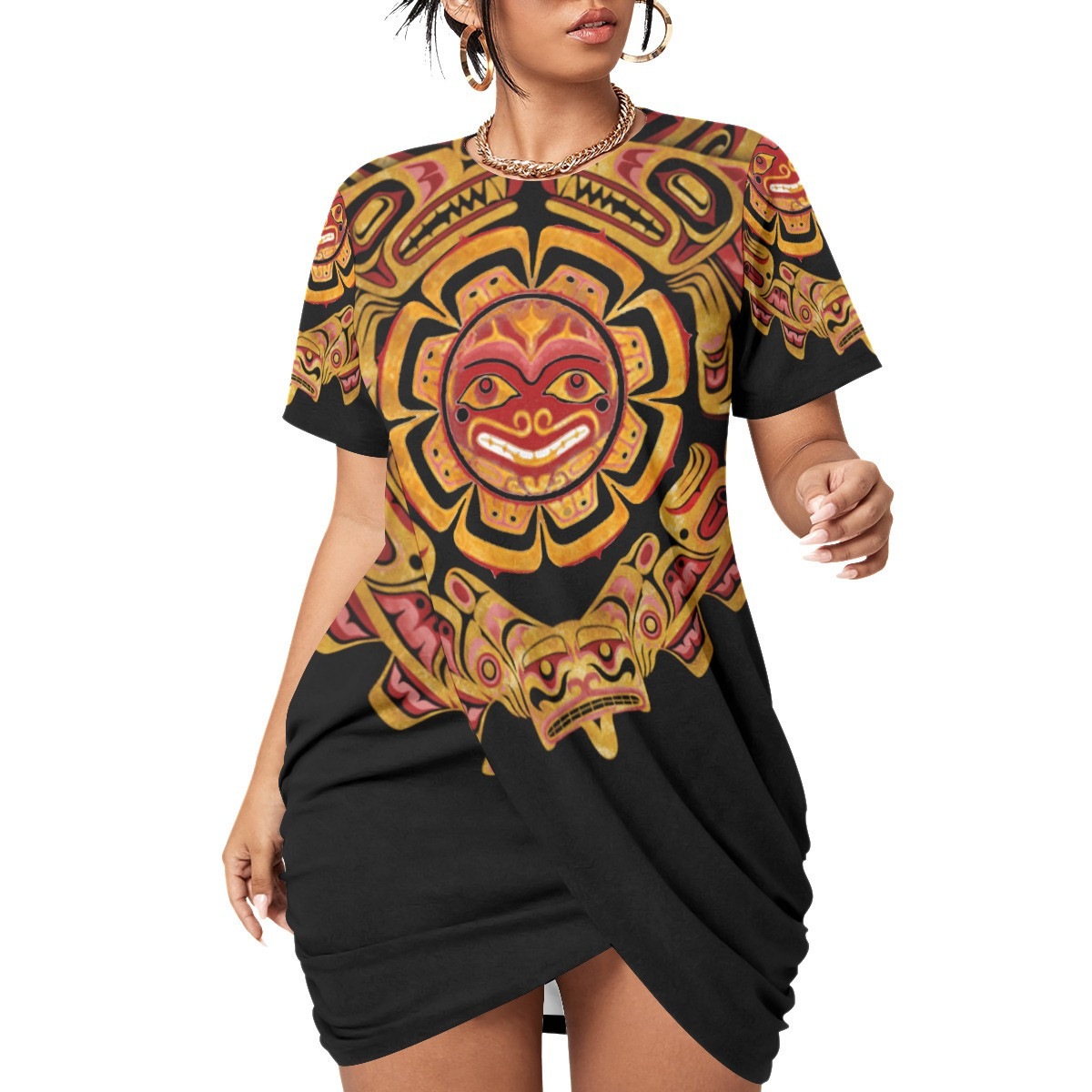 Sun Native American Women's Stacked Hem Dress With Short Sleeve Lady Fashion Dresses Sun Native American Women's Stacked Hem Dress With Short Sleeve Lady Fashion Dresses
