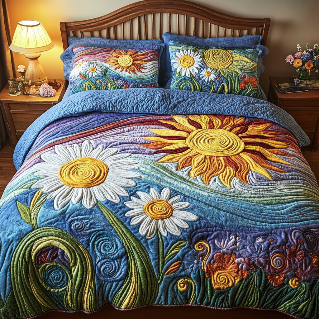 Sun Petals Quilted Bedding Set Duvet Cover Bed Sheet Set Flower Daisy Gift Items Sun Petals Quilted Bedding Set Duvet Cover Bed Sheet Set Flower Daisy Gift Items