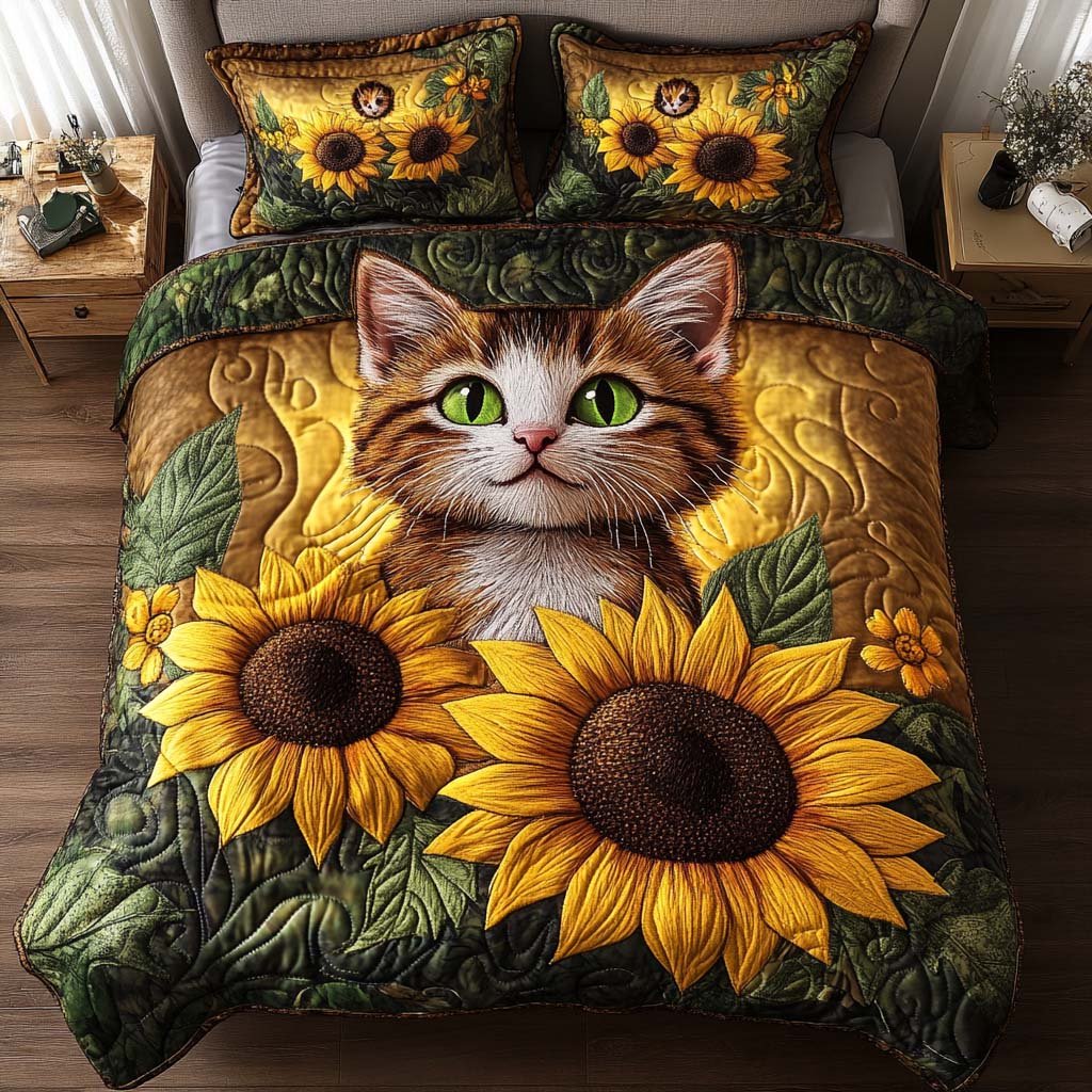 Sunflower Buddy Quilted Bedding Set Duvet Cover Bed Sheet Set Gift Ideas For Cat Lovers Sunflower Buddy Quilted Bedding Set Duvet Cover Bed Sheet Set Gift Ideas For Cat Lovers