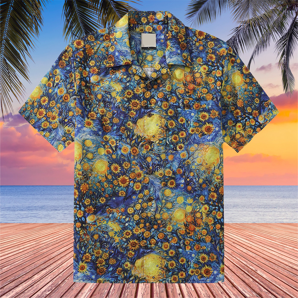 Sunflower Starry Night Hawaiian Shirt Van Gogh Aloha Shirt Sunflower Themed Gifts Sunflower Starry Night Hawaiian Shirt Van Gogh Aloha Shirt Sunflower Themed Gifts