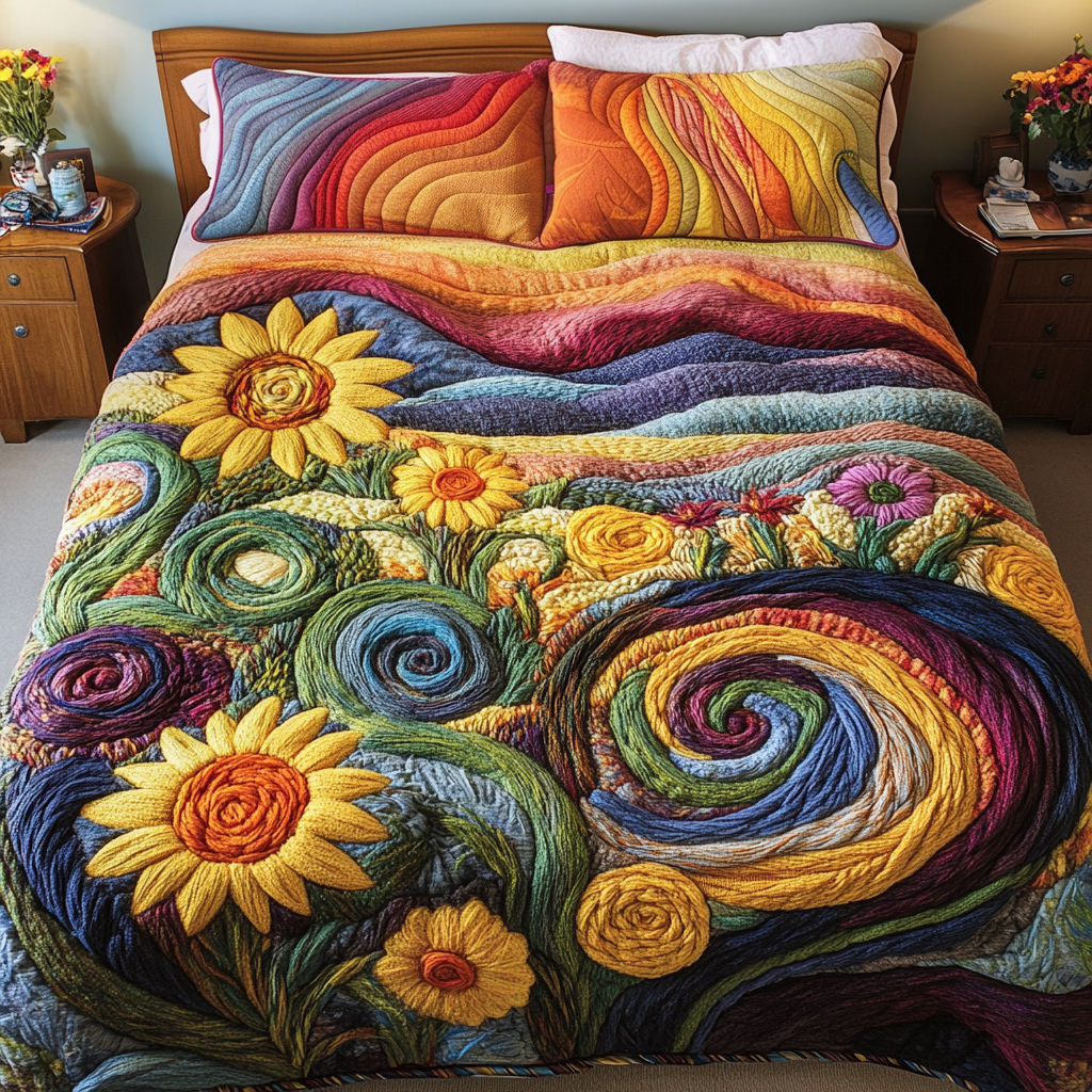 Sunflower Swirl Quilted Bedding Set Duvet Cover Bedspread Sunflower Gifts For Her Sunflower Swirl Quilted Bedding Set Duvet Cover Bedspread Sunflower Gifts For Her