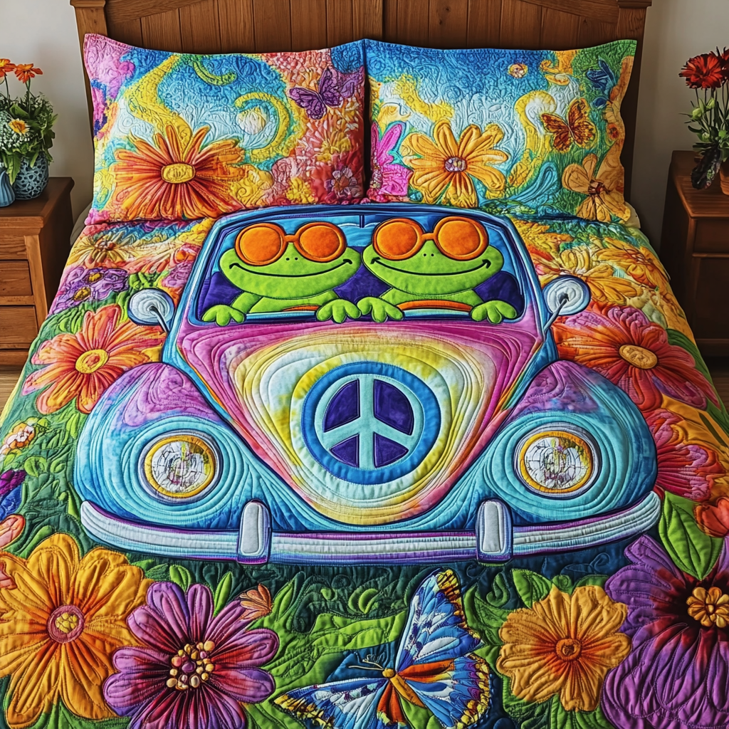 Sunny Frogs Quilted Bedding Set Duvet Cover Bed Sheet Set Frog Hippy Christmas Gifts