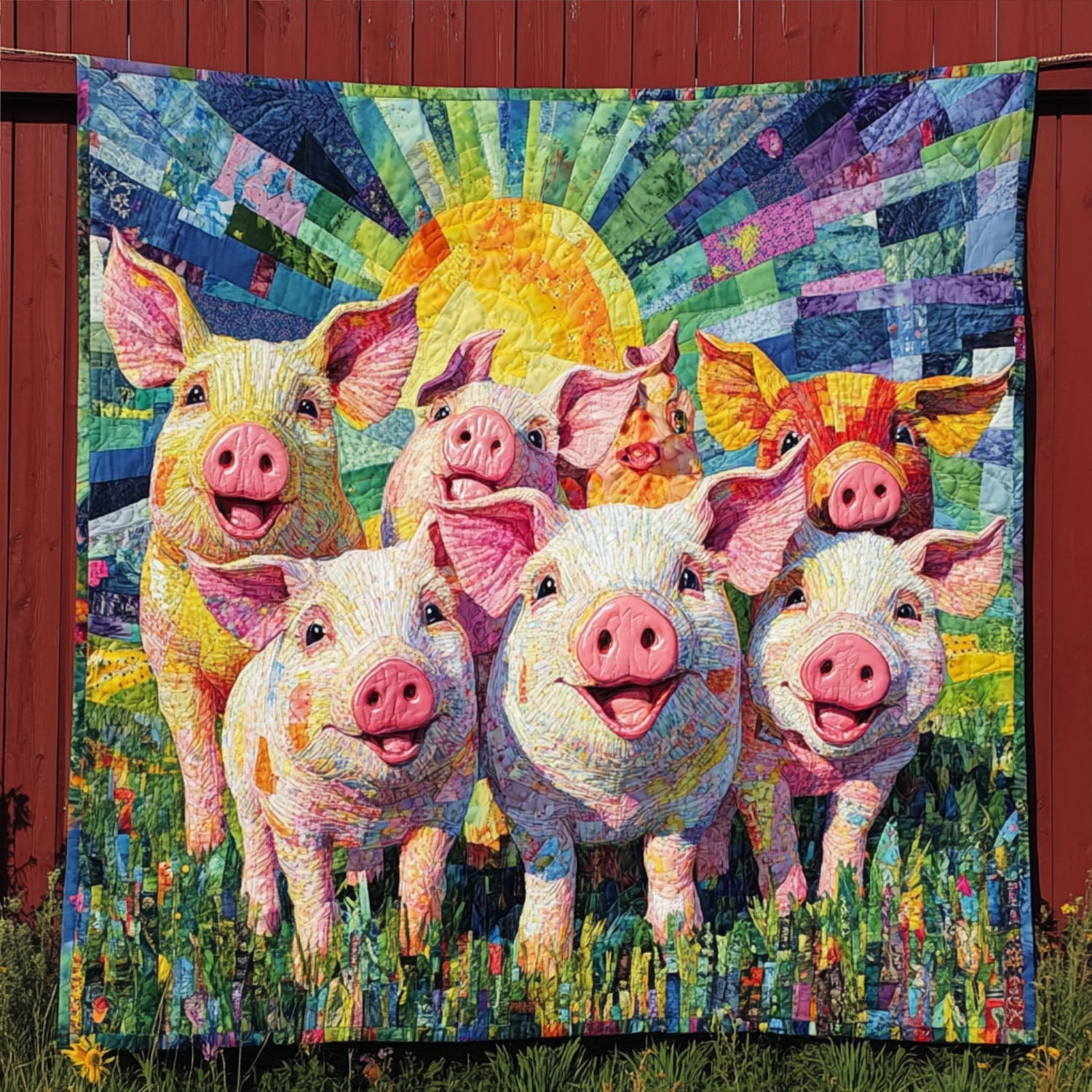 Sunny Pig Parade Quilted Blanket Cute Colorful Blanket Gifts For Pig Lovers