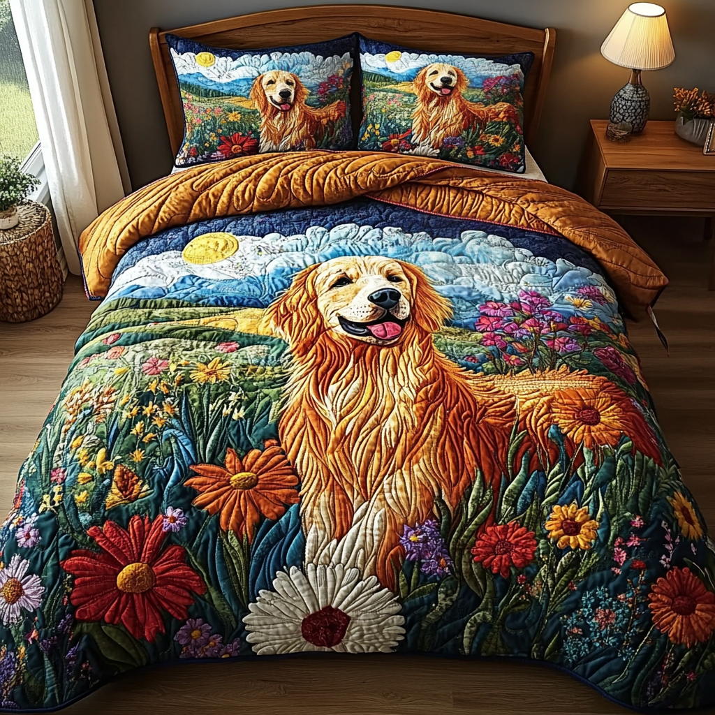 Sunny Retriever Quilted Bedding Set Duvet Cover Bed Sheet Set Gifts For Someone Who Loves Golden Retrievers