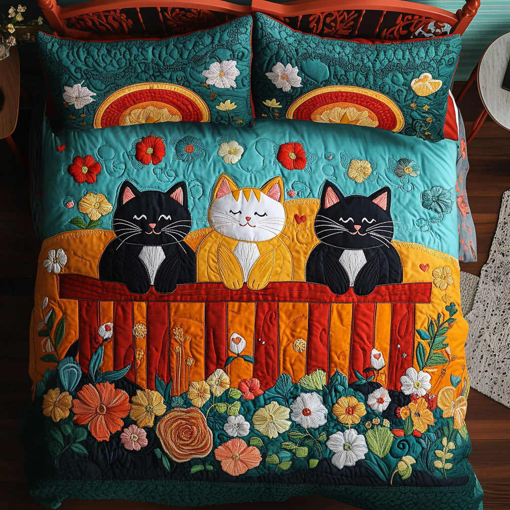 Sunset Fence Cats Quilted Bedding Set Duvet Cover Bedspreads Gifts For Cat Parents Sunset Fence Cats Quilted Bedding Set Duvet Cover Bedspreads Gifts For Cat Parents