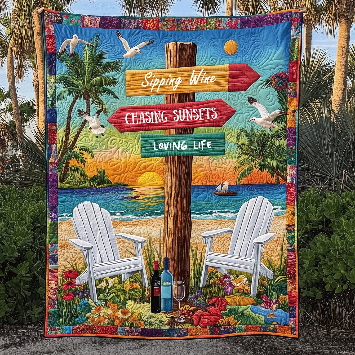 Sunset Seaside Sips Quilted Blanket Cute Throw Blanket Beach Gifts For Her Sunset Seaside Sips Quilted Blanket Cute Throw Blanket Beach Gifts For Her