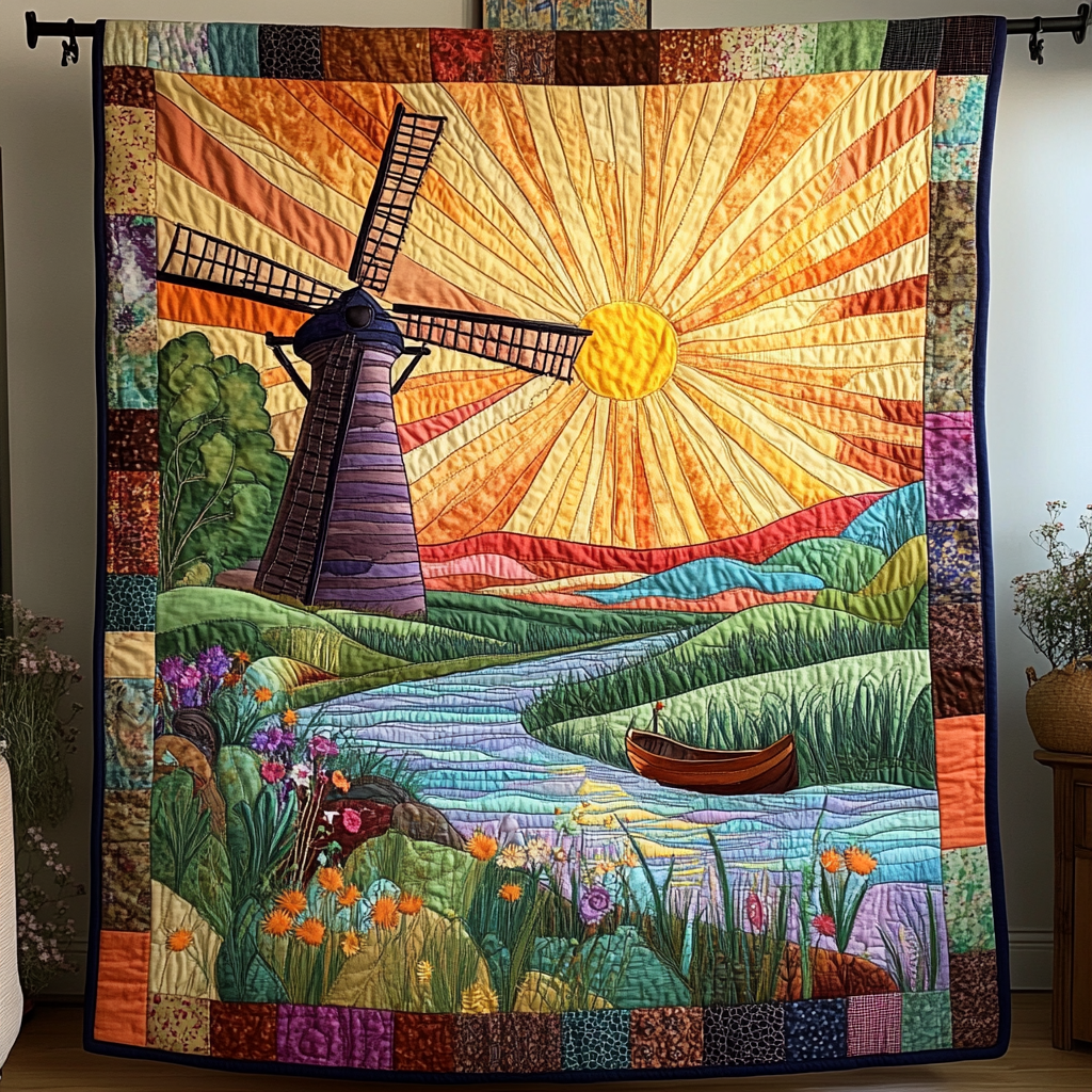 Sunset Windmill Quilted Blanket Cute Colorful Blanket Cute Christmas Gifts For Girlfriend Sunset Windmill Quilted Blanket Cute Colorful Blanket Cute Christmas Gifts For Girlfriend