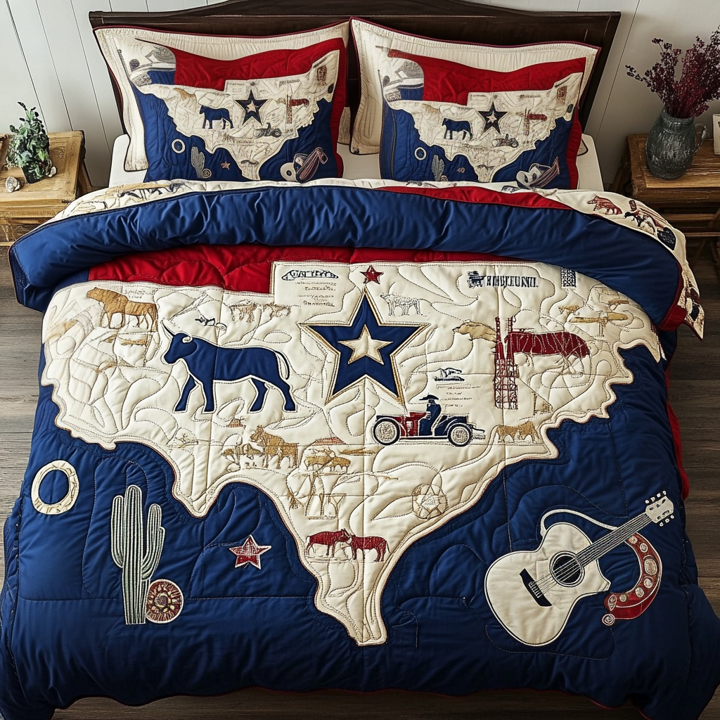 Texan Adventur Quilted Bedding Set Duvet Cover Bedspread Patriotic Texan Gifts
