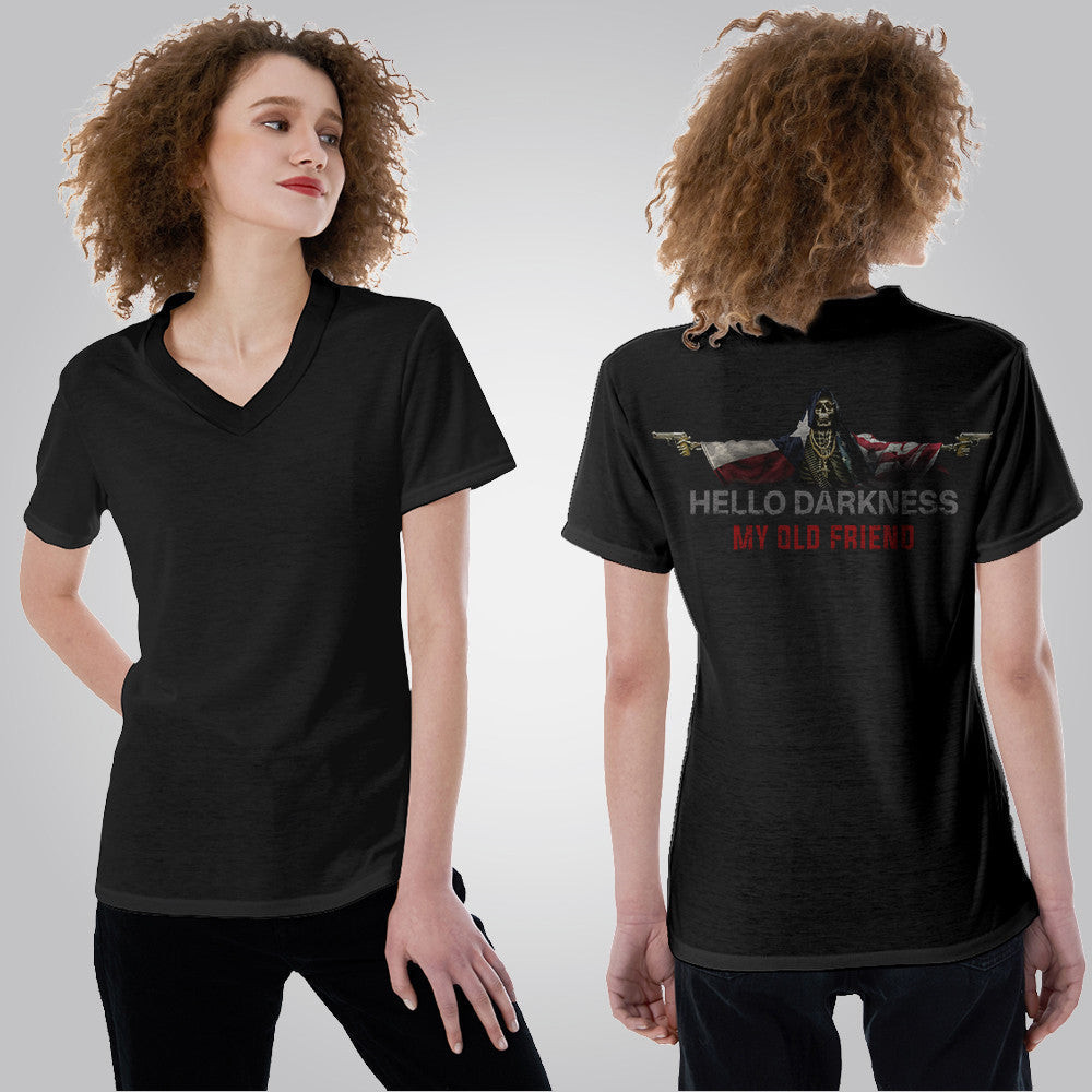 Texas And American Flag Skull Hello Darkness My Old Friend Laides V-Neck Shirt Gift For Cops Texas And American Flag Skull Hello Darkness My Old Friend Laides V-Neck Shirt Gift For Cops