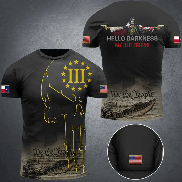 Texas And USA Flag Skull With Gun T-Shirt Hello Darkness My Old Friend Shirt Gifts For Texans Texas And USA Flag Skull With Gun T-Shirt Hello Darkness My Old Friend Shirt Gifts For Texans