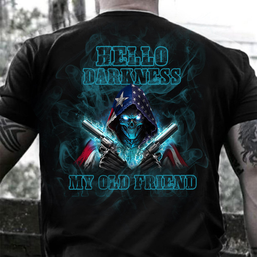 Texas Hello Darkness My Old Friend Shirt Texas And American Flag Skull With Gun Clothing Texas Hello Darkness My Old Friend Shirt Texas And American Flag Skull With Gun Clothing
