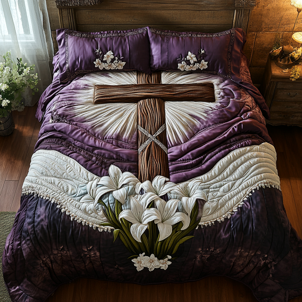 Timeless Cross Quilted Bedding Set Duvet Cover Merch Faith Based Easter Gifts