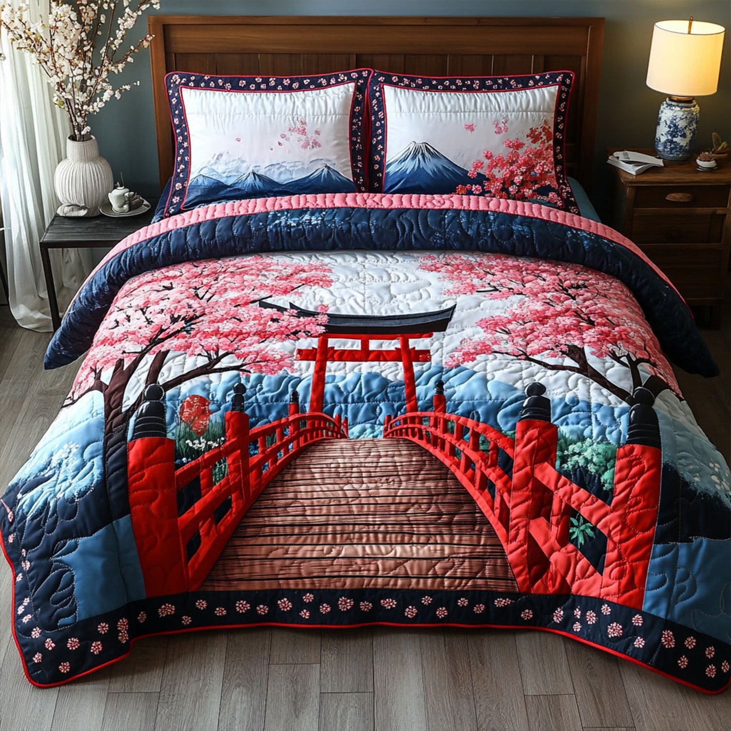 Torii Gate Serenity Quilted Bedding Set Duvet Cover Bed Sheet Set Fuji Mountain Japanese Gifts