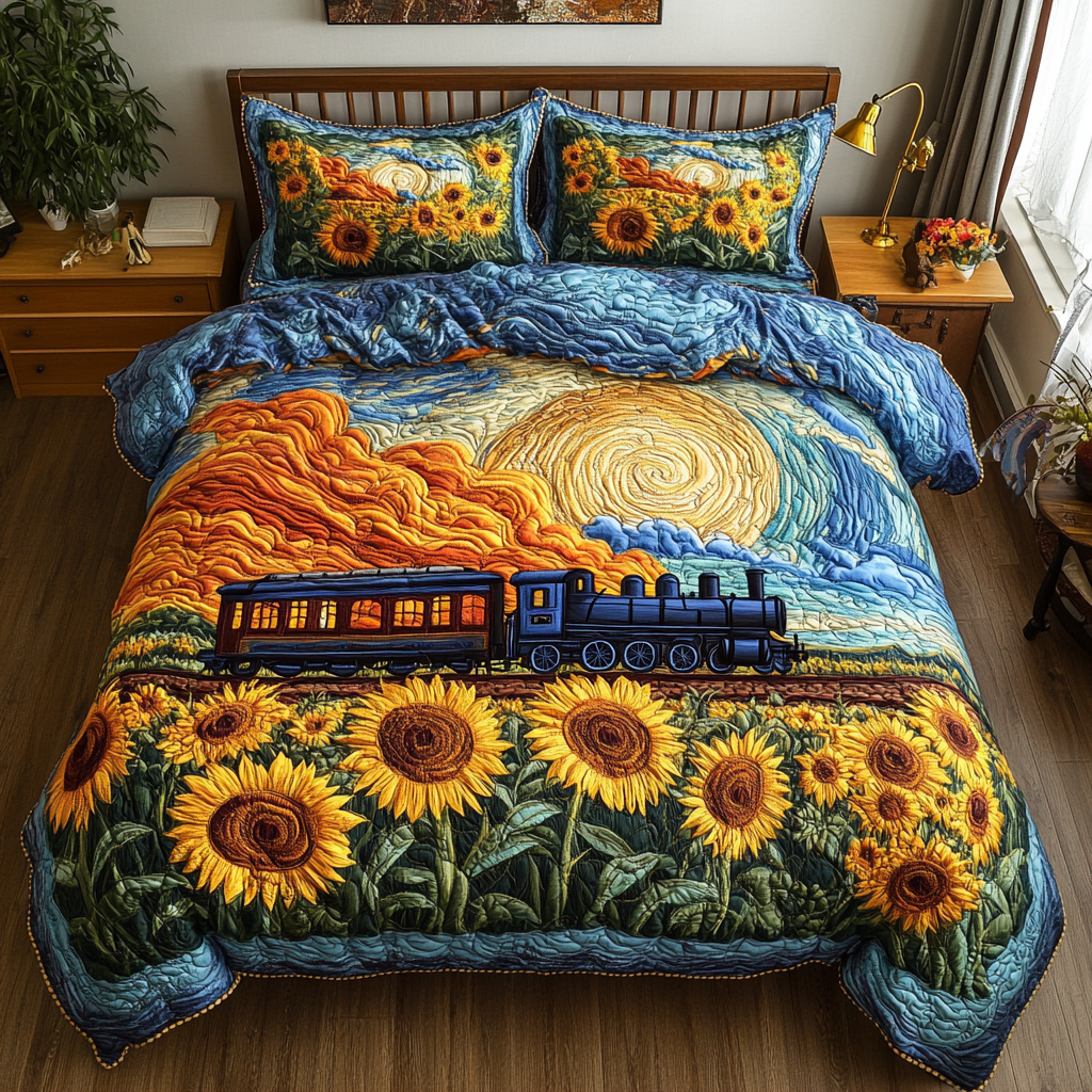 Train Adventure Quilted Bedding Set Duvet Cover Merch Gifts For Model Train Enthusiasts