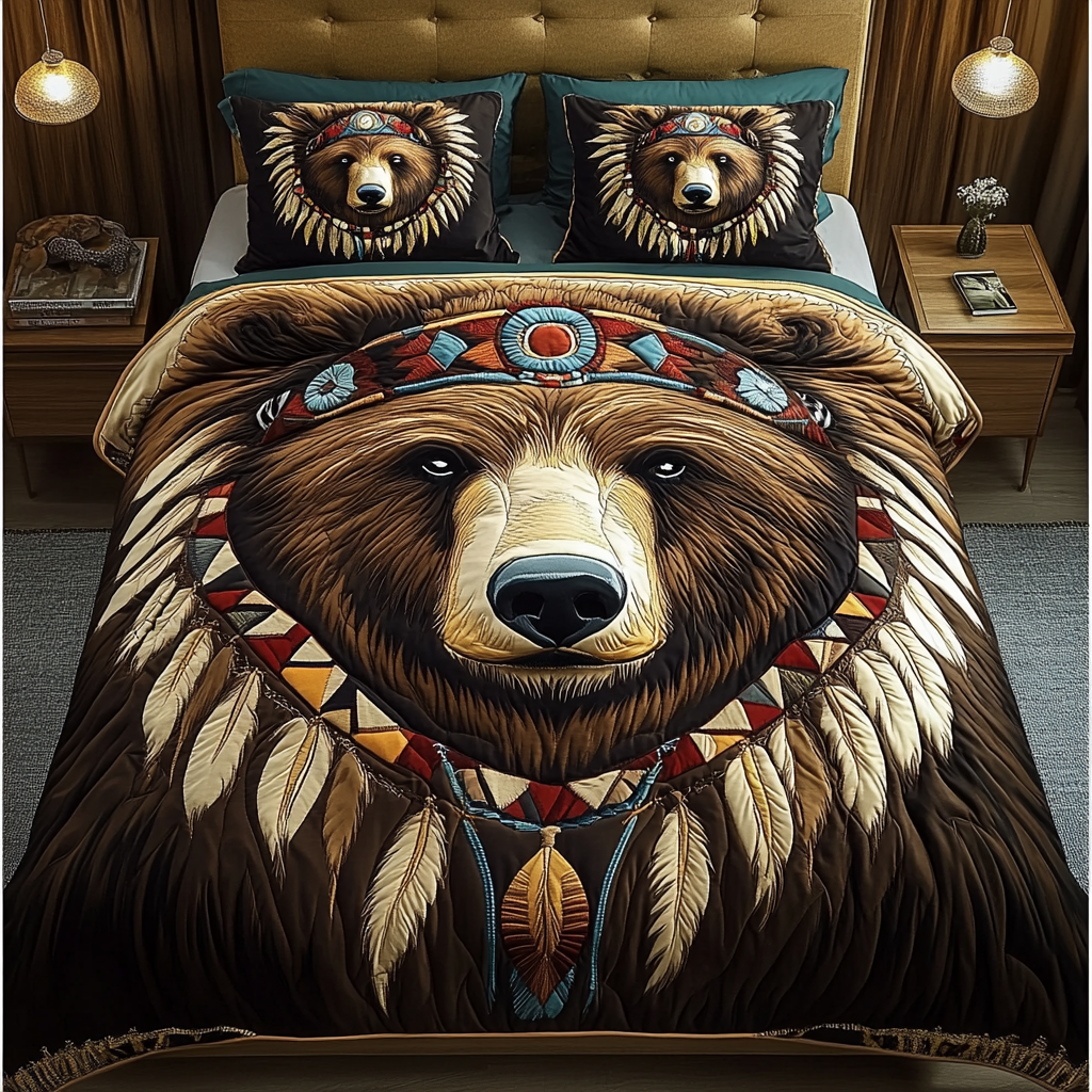 Tribal Bear Quilted Bedding Set Duvet Cover Merch Great Bear Lover Gift Ideas