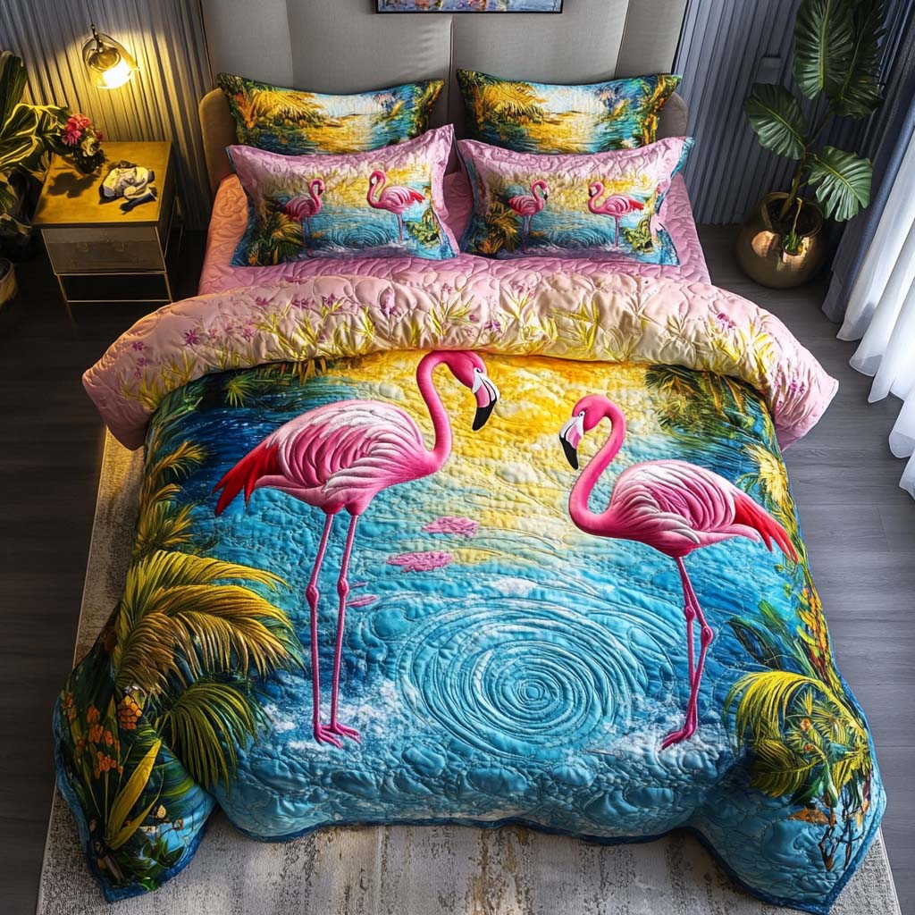Tropic Twirl Quilted Bedding Set Duvet Cover Merch Birthday Gifts For Flamingo Lovers