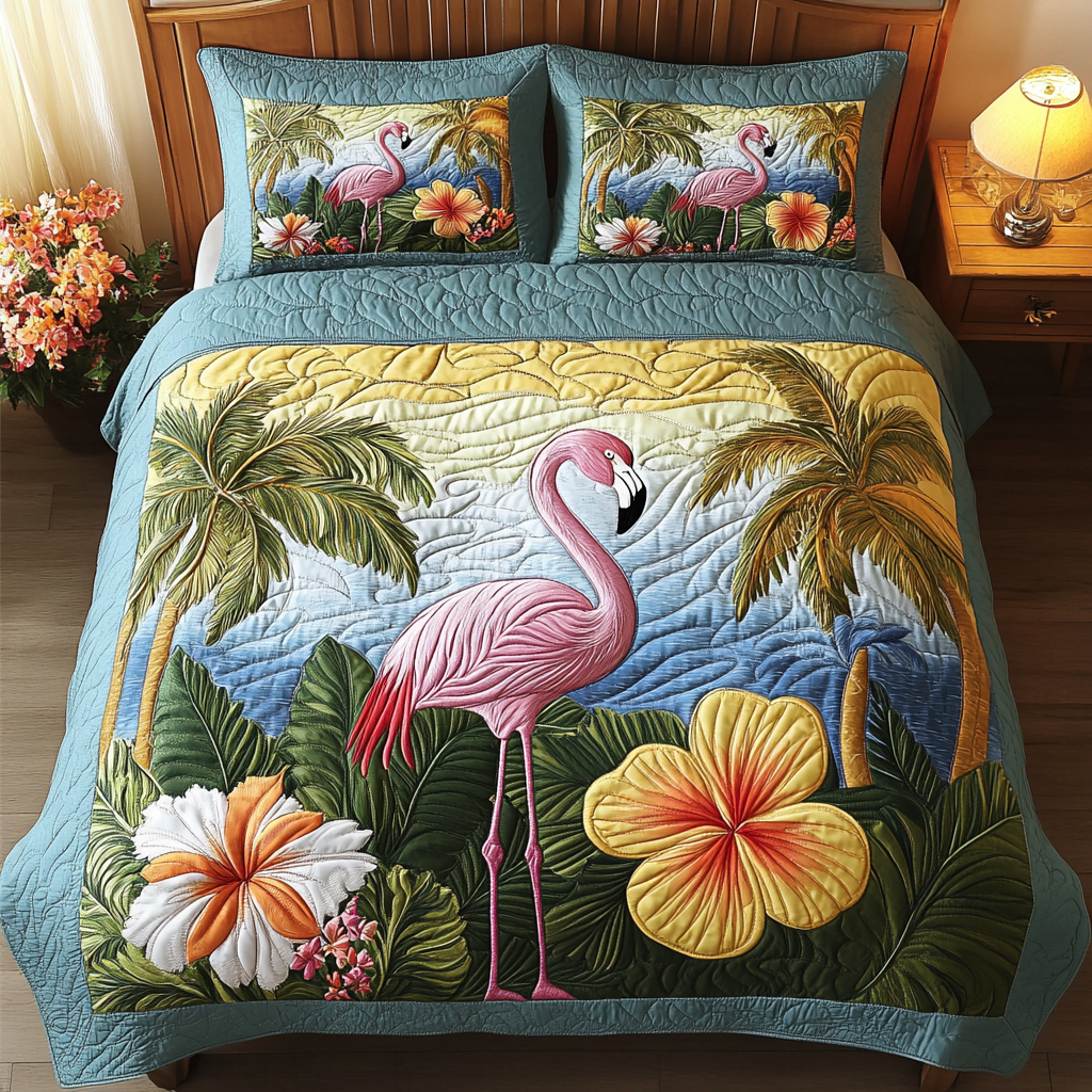 Tropical Bloom Quilted Bedding Set Duvet Cover Merch Flamingo Christmas Presents