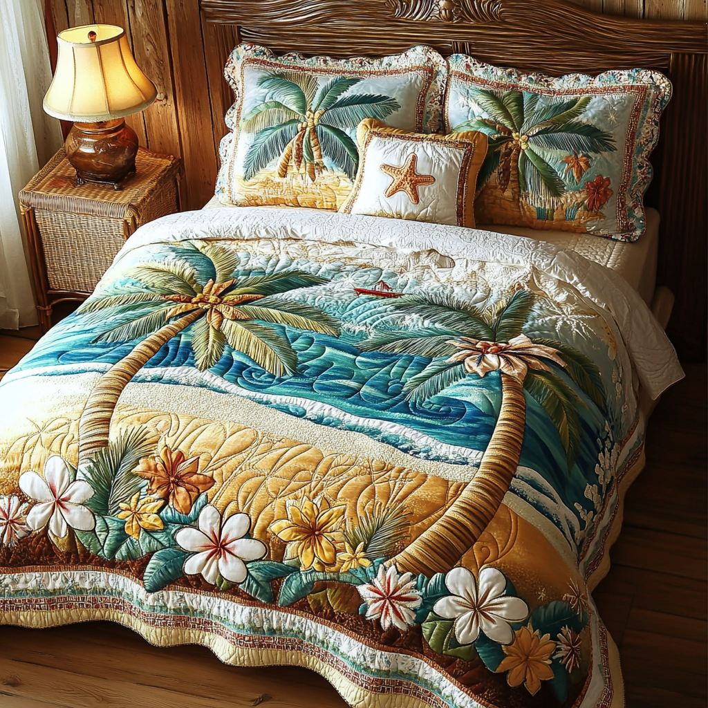Tropical Breeze Quilted Bedding Set Duvet Cover Merch Gifts For Beach Goers Tropical Breeze Quilted Bedding Set Duvet Cover Merch Gifts For Beach Goers