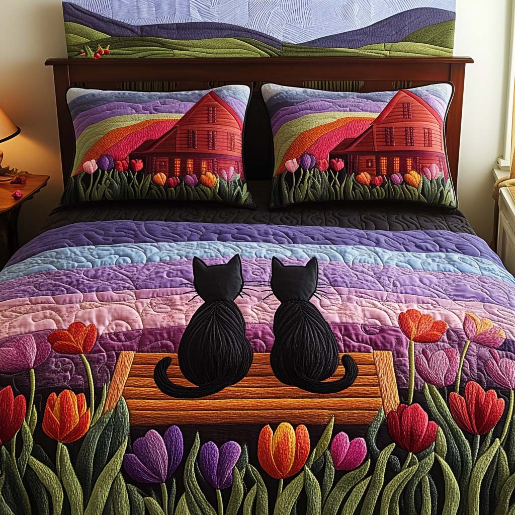 Tulip Lovers Quilted Bedding Set Duvet Cover Bed Sheet Set Cat Gifts Tulip Lovers Quilted Bedding Set Duvet Cover Bed Sheet Set Cat Gifts
